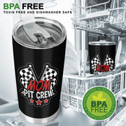 Mom Pit Crew custom stainless steel tumbler featuring double-walled vacuum insulation, a leak-proof lid, and a high-quality custom racing print.
