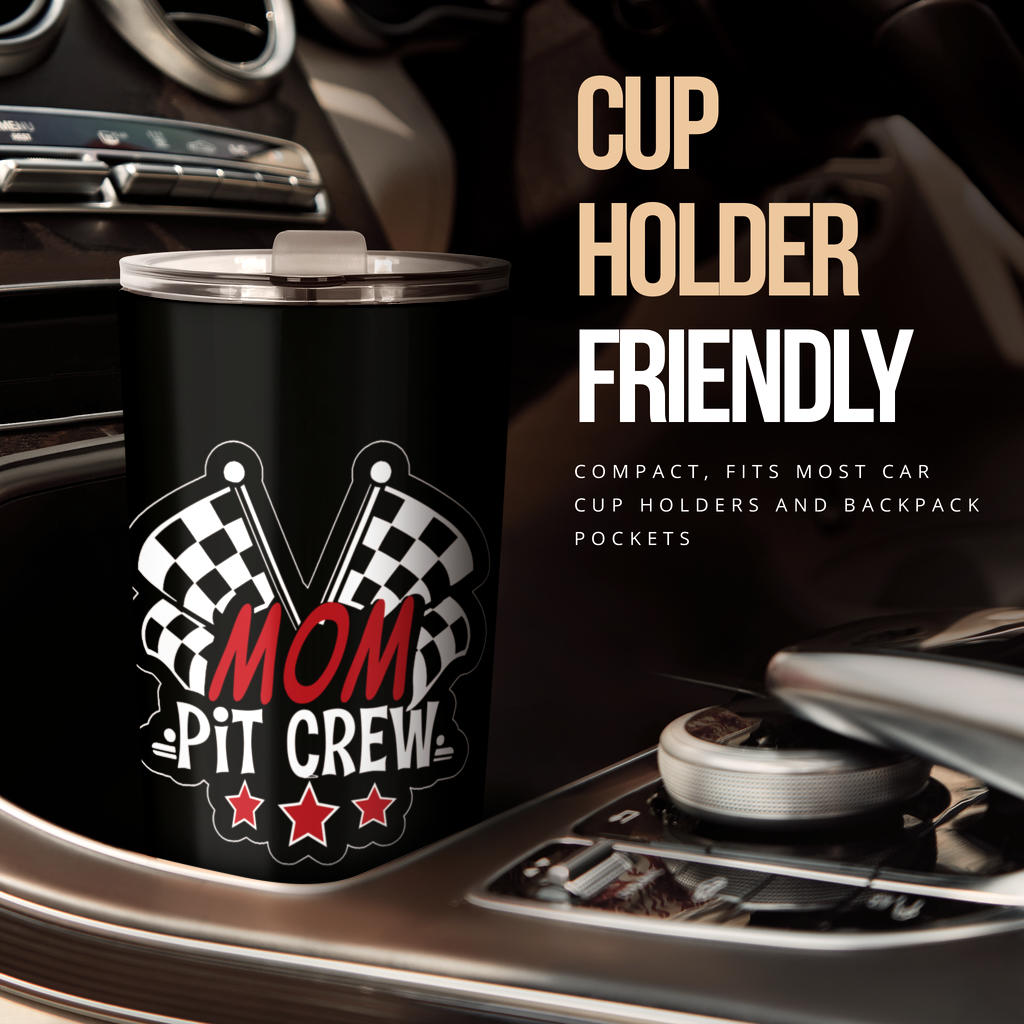 Mom Pit Crew custom stainless steel tumbler featuring double-walled vacuum insulation, a leak-proof lid, and a high-quality custom racing print.
