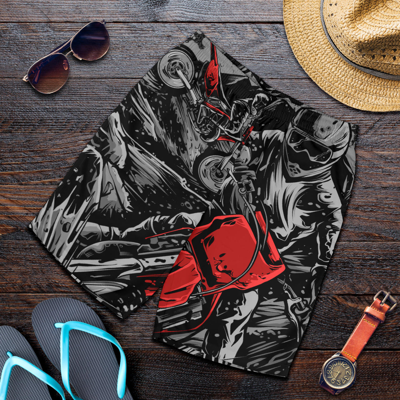 Motocross Men's Shorts in a custom-made racing style featuring moisture-wicking fabric, antibacterial technology, and an adjustable drawstring waistband for dirt bike riders.