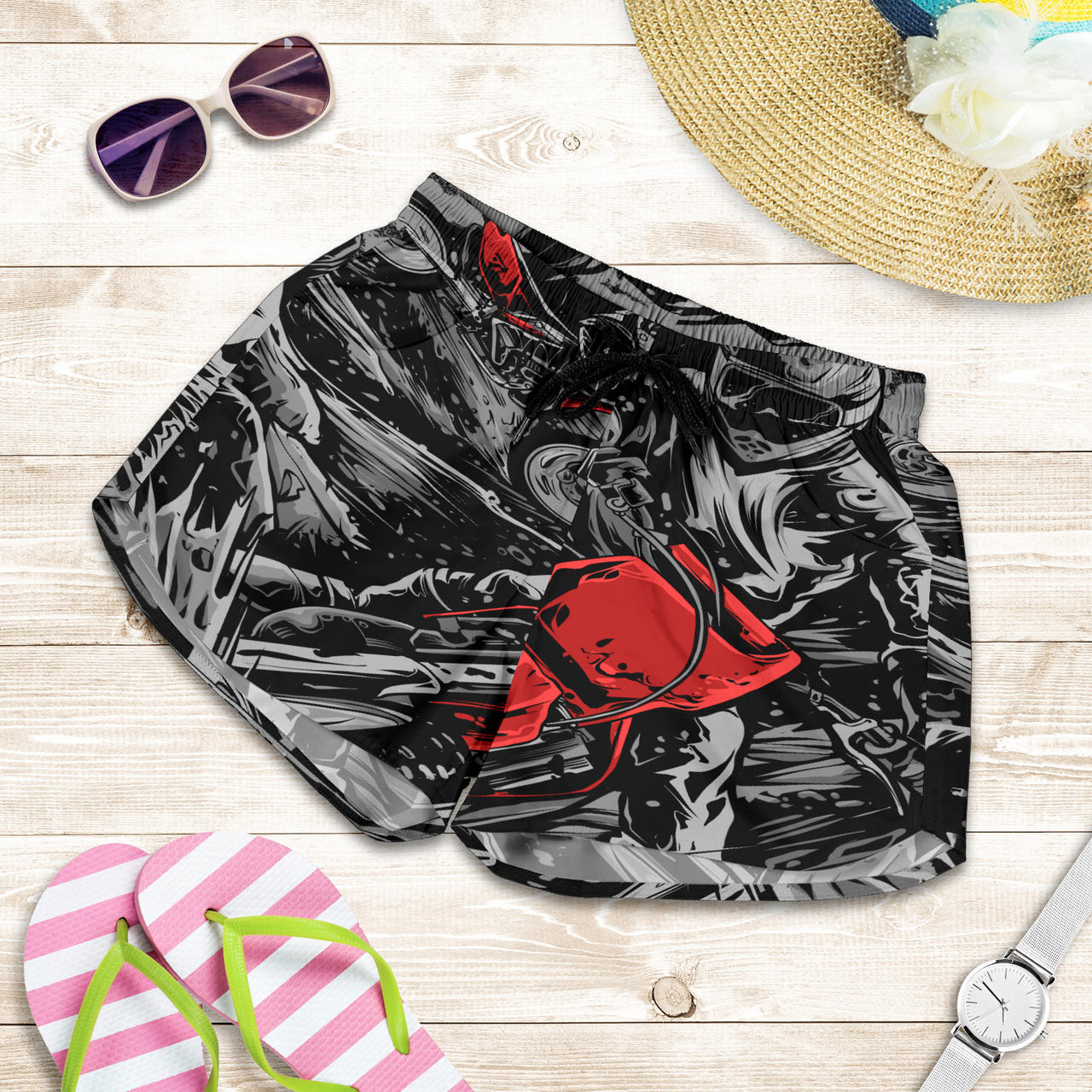 Motocross Women's Shorts in a custom-made racing style featuring moisture-wicking fabric, antibacterial technology, and an adjustable drawstring waistband for female dirt bike riders.