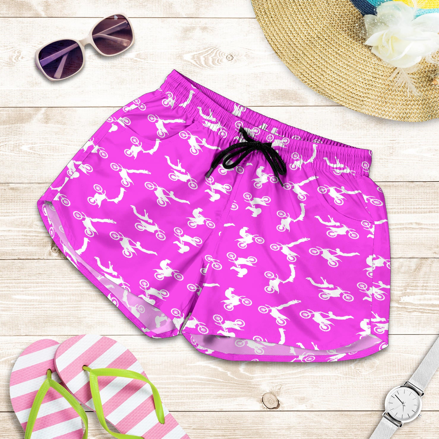 Motocross Women's Shorts in a custom-made racing style featuring moisture-wicking fabric, antibacterial technology, and an adjustable drawstring waistband for female dirt bike riders.