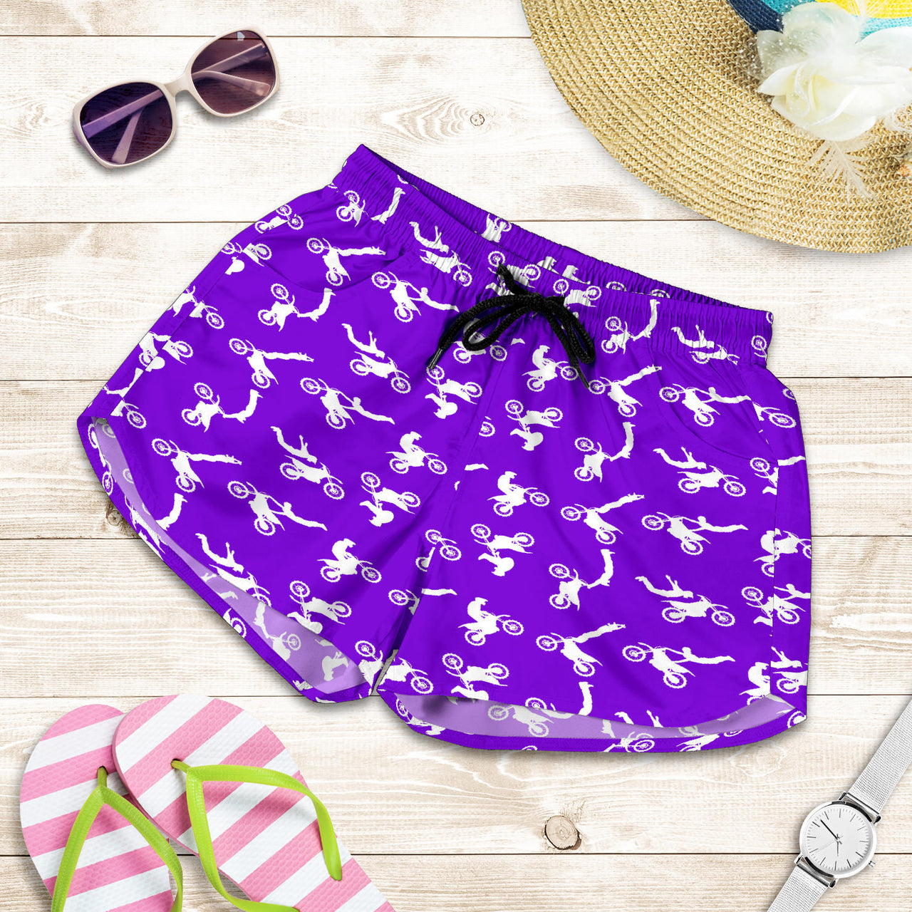 Motocross Women's Shorts in a custom-made racing style featuring moisture-wicking fabric, antibacterial technology, and an adjustable drawstring waistband for female dirt bike riders.