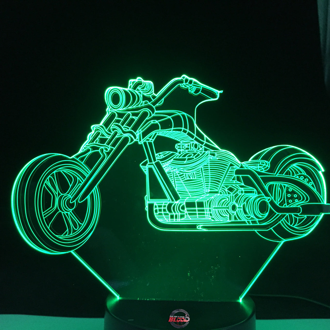 Motorcycle 3D LED Lamp showing a detailed sportbike silhouette glowing in a cool ice blue on a modern black base.