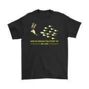 Motorsports apparel featuring the quote "And So Began The Story Of My Life Drag Racing", available in premium men's and women's t-shirts, tanks, and warm hoodies.