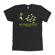 Motorsports apparel featuring the quote "And So Began The Story Of My Life Drag Racing", available in premium men's and women's t-shirts, tanks, and warm hoodies.
