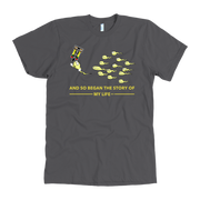 Motorsports apparel featuring the quote "And So Began The Story Of My Life Drag Racing", available in premium men's and women's t-shirts, tanks, and warm hoodies.