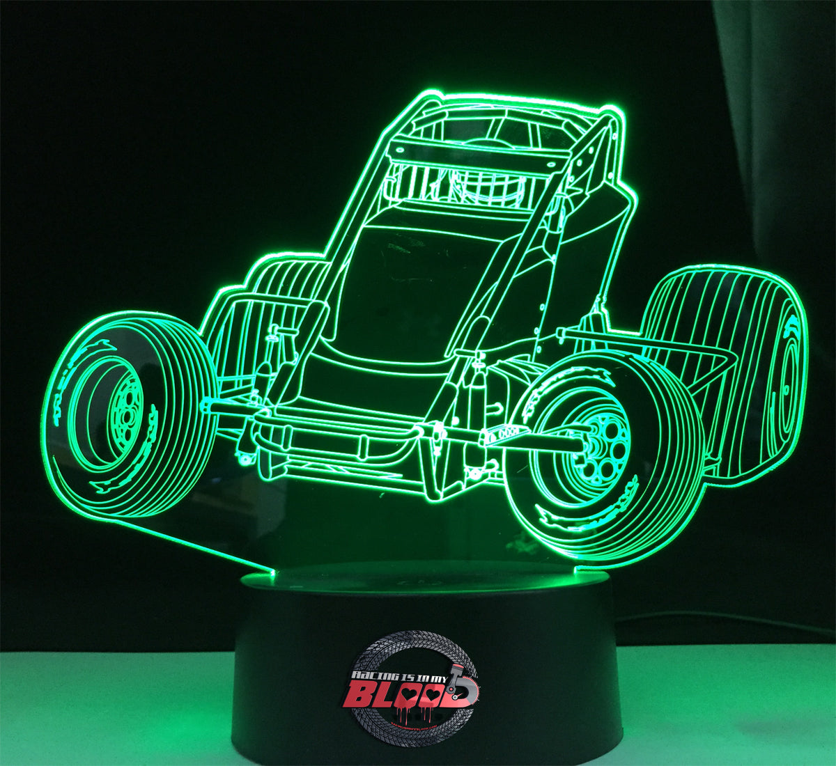 Non-Wing Sprint Car 3D LED Lamp featuring a detailed open-wheel dirt track racer silhouette glowing in a bright racing orange on a modern black base.