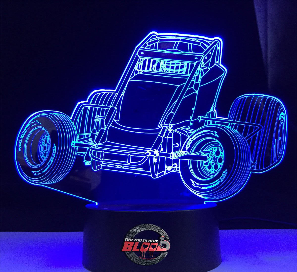 Non-Wing Sprint Car 3D LED Lamp featuring a detailed open-wheel dirt track racer silhouette glowing in a bright racing orange on a modern black base.