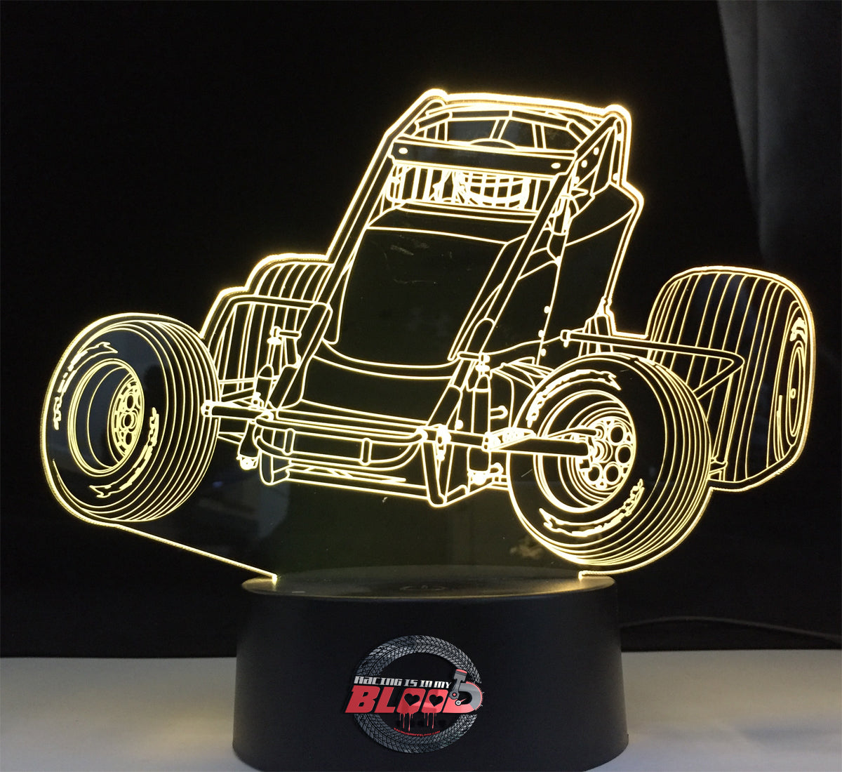 Non-Wing Sprint Car 3D LED Lamp featuring a detailed open-wheel dirt track racer silhouette glowing in a bright racing orange on a modern black base.