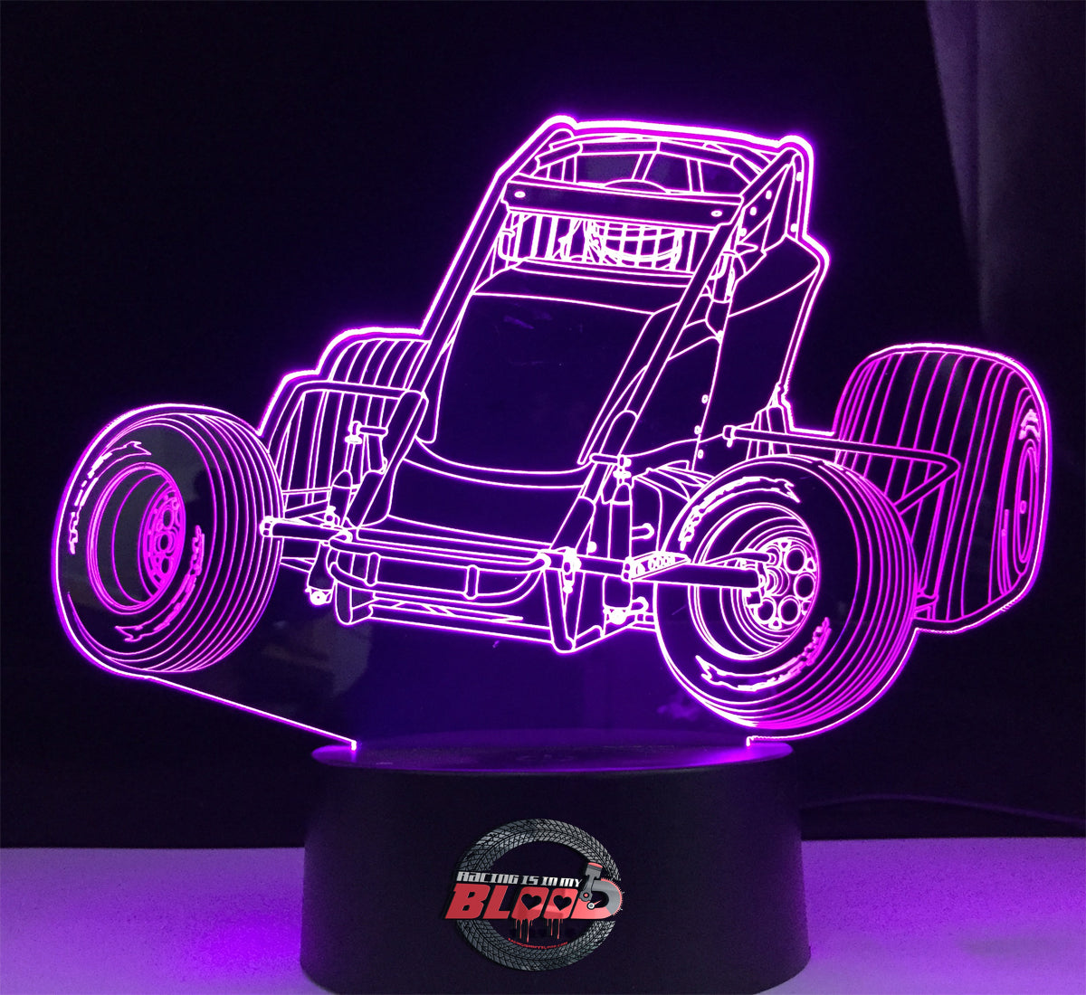 Non-Wing Sprint Car 3D LED Lamp featuring a detailed open-wheel dirt track racer silhouette glowing in a bright racing orange on a modern black base.