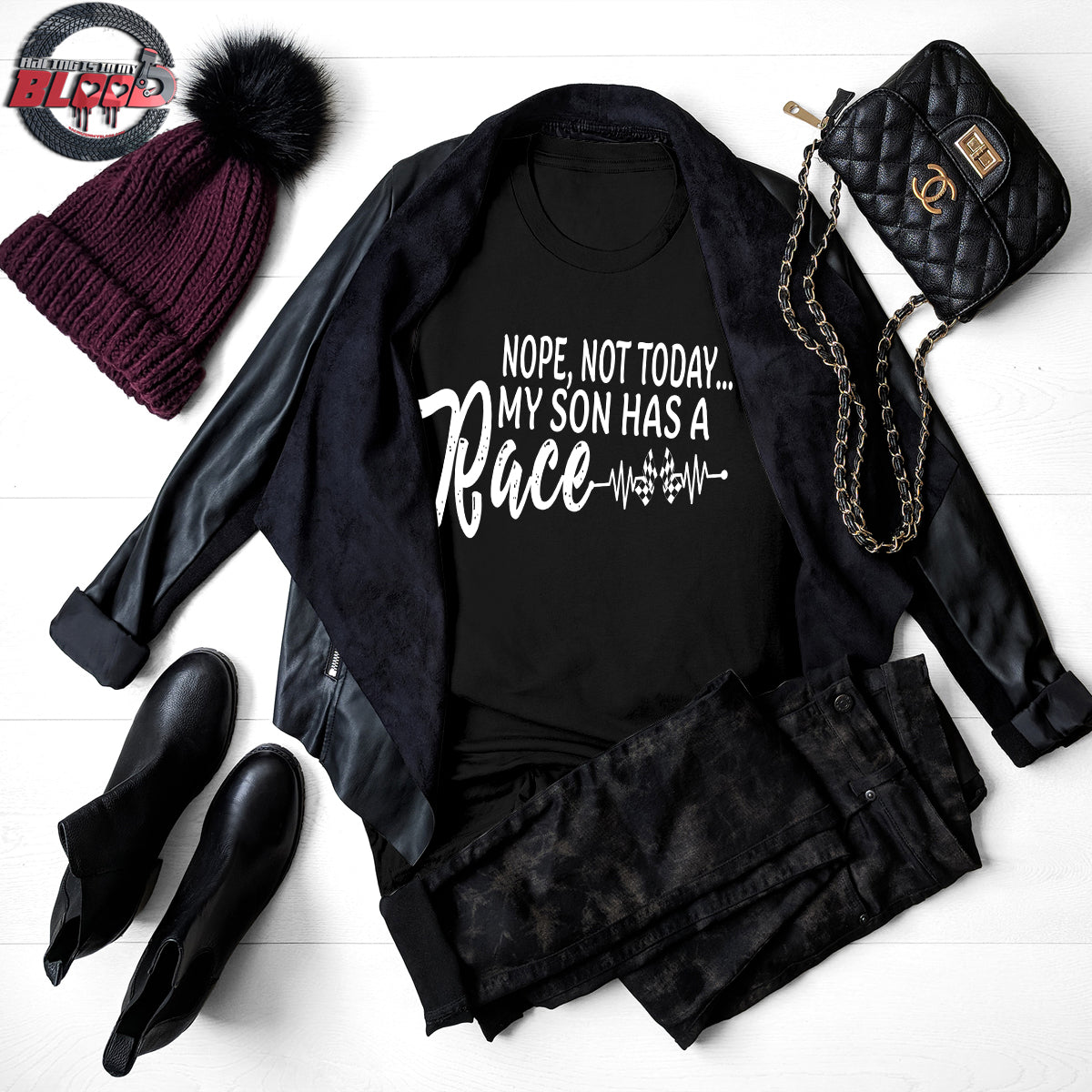 "Nope Not Today My Son Has A Race" apparel collection featuring premium women's t-shirts, racerback tanks, soft v-necks, and cozy fleece hoodies for dedicated racing moms.