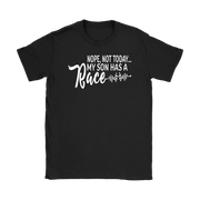 "Nope Not Today My Son Has A Race" apparel collection featuring premium women's t-shirts, racerback tanks, soft v-necks, and cozy fleece hoodies for dedicated racing moms.