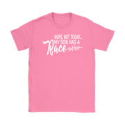 "Nope Not Today My Son Has A Race" apparel collection featuring premium women's t-shirts, racerback tanks, soft v-necks, and cozy fleece hoodies for dedicated racing moms.