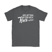 "Nope Not Today My Son Has A Race" apparel collection featuring premium women's t-shirts, racerback tanks, soft v-necks, and cozy fleece hoodies for dedicated racing moms.
