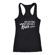 "Nope Not Today My Son Has A Race" apparel collection featuring premium women's t-shirts, racerback tanks, soft v-necks, and cozy fleece hoodies for dedicated racing moms.