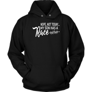 "Nope Not Today My Son Has A Race" apparel collection featuring premium women's t-shirts, racerback tanks, soft v-necks, and cozy fleece hoodies for dedicated racing moms.