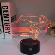 Nova Express Nitrous 3D LED Illusion Lamp showing an aggressive drag racing Chevy Nova silhouette in a vibrant blue glow on a premium black base.