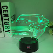 Nova Express Nitrous 3D LED Illusion Lamp showing an aggressive drag racing Chevy Nova silhouette in a vibrant blue glow on a premium black base.
