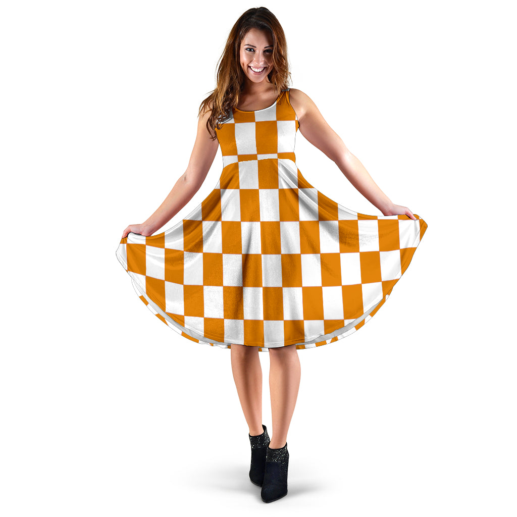 Orange Racing Checkered Flag Dress with double pockets and midi length.