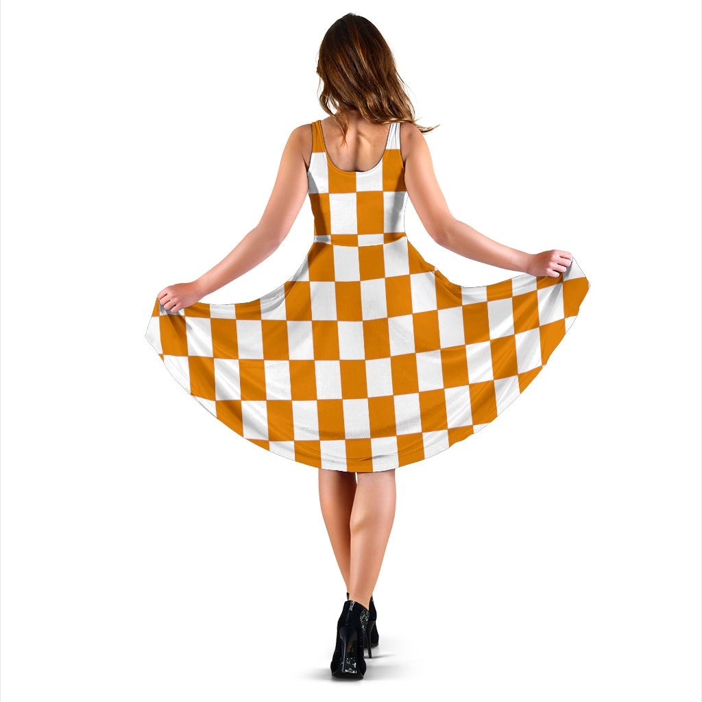 Orange Racing Checkered Flag Dress with double pockets and midi length.