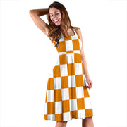Orange Racing Checkered Flag Dress with double pockets and midi length.