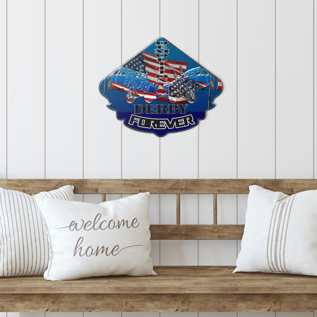 Patriotic Demolition Derby Forever sign above a wooden bench with white cushions.