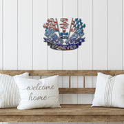 Patriotic Racing Forever piston sign mounted above a wooden bench with white cushions.