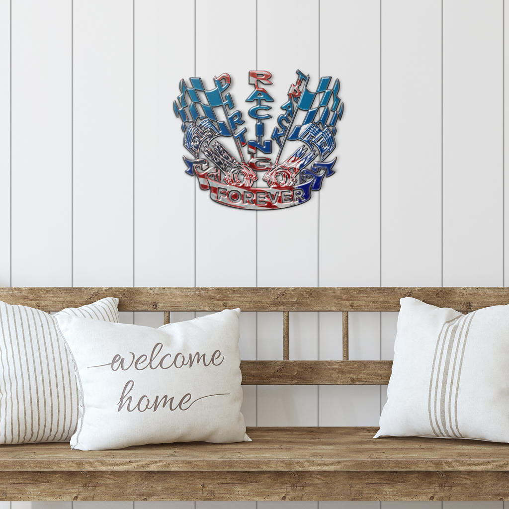 Patriotic dirt track racing sign mounted above a wooden bench with white cushions.