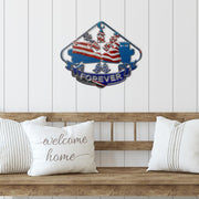Patriotic dwarf car racing sign above a wooden bench with white cushions.