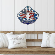 Patriotic winged sprint car sign above a wooden bench with white cushions.