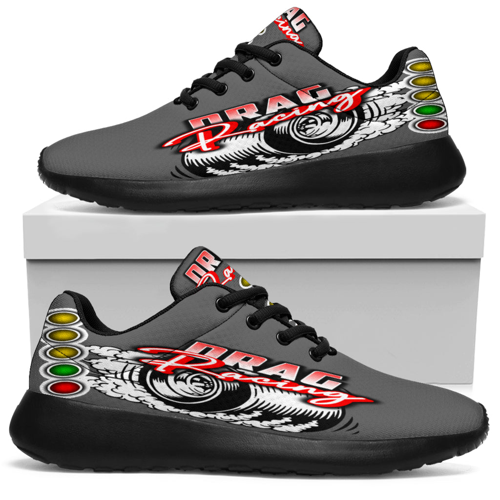 Performance grey drag racing sneakers with memory foam cushioning and mesh upper.