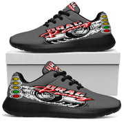 Performance grey drag racing sneakers with memory foam cushioning and mesh upper.
