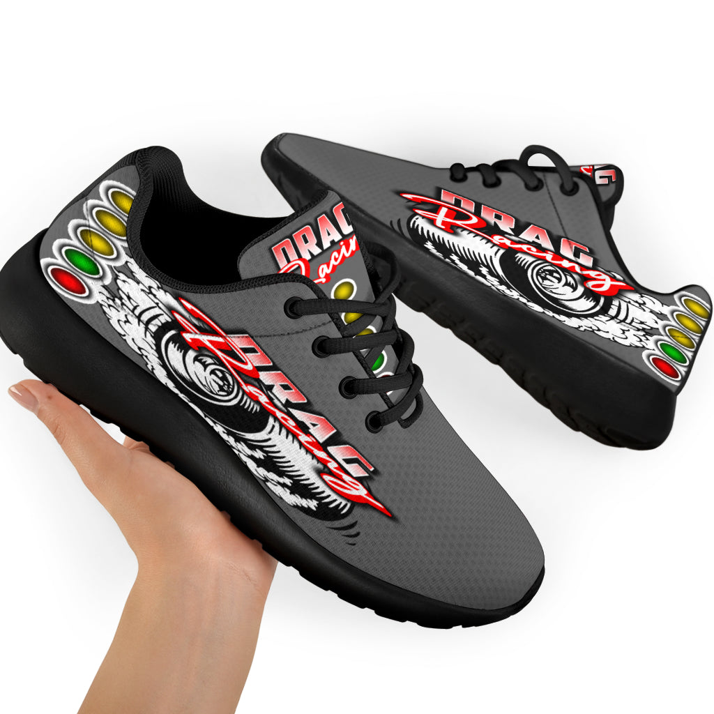 Performance grey drag racing sneakers with memory foam cushioning and mesh upper.
