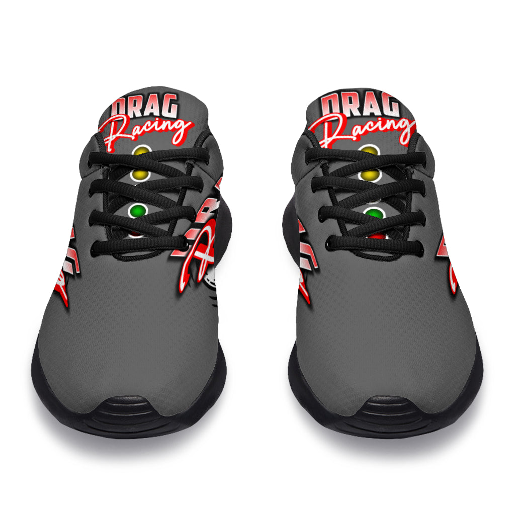Performance grey drag racing sneakers with memory foam cushioning and mesh upper.