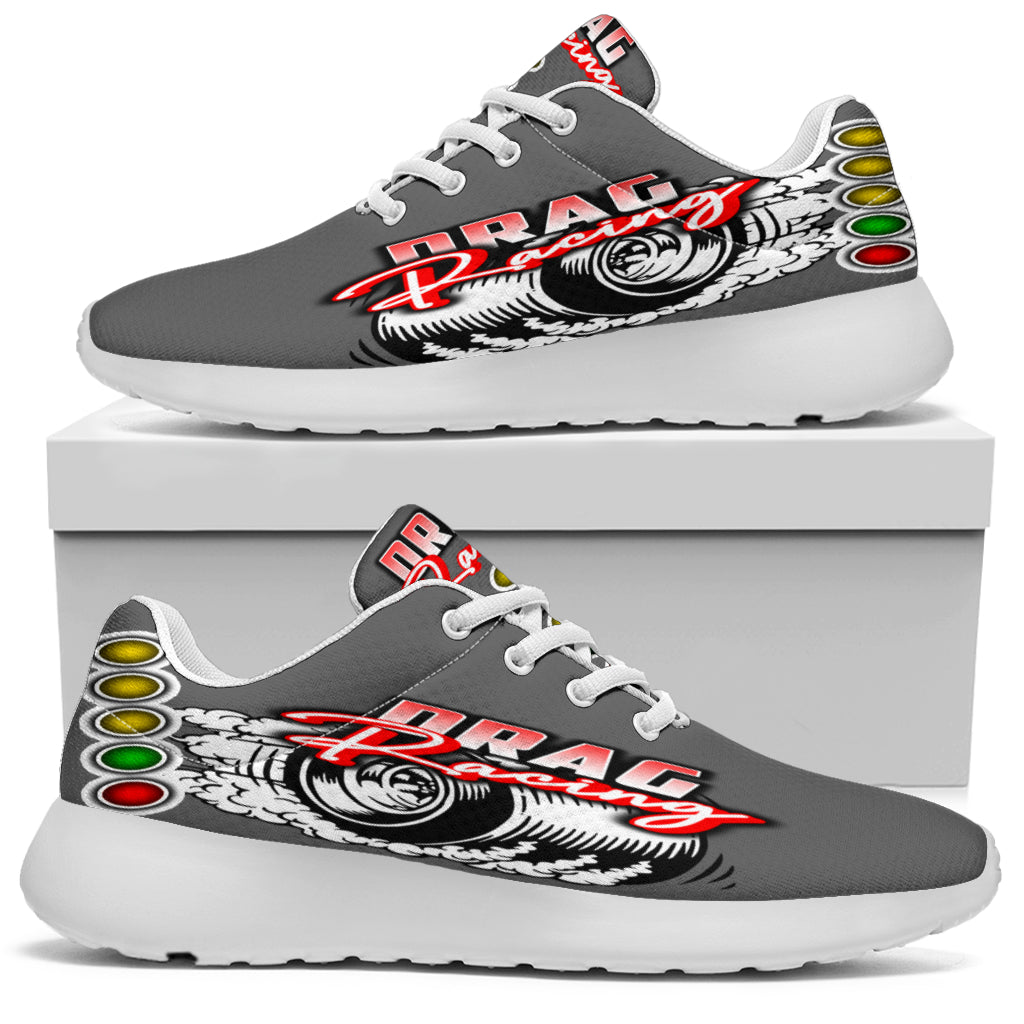 Performance grey drag racing sneakers with memory foam cushioning and mesh upper.