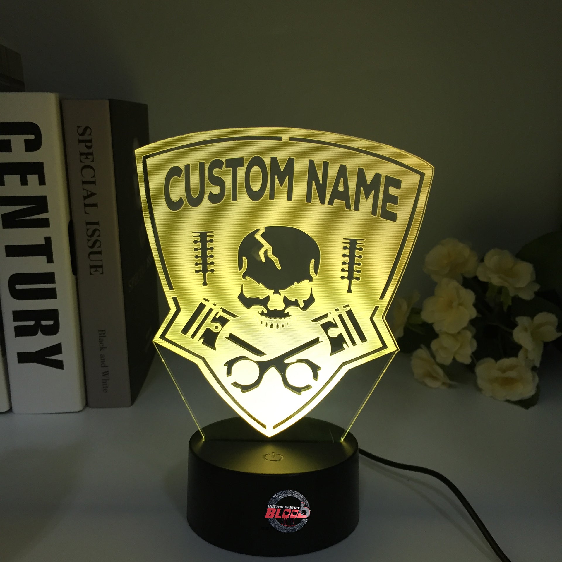 Personalized Drag Racing 3D LED Illusion Lamp featuring a custom name and racing number laser-etched alongside a dragster silhouette, glowing in a vibrant green on a black base.