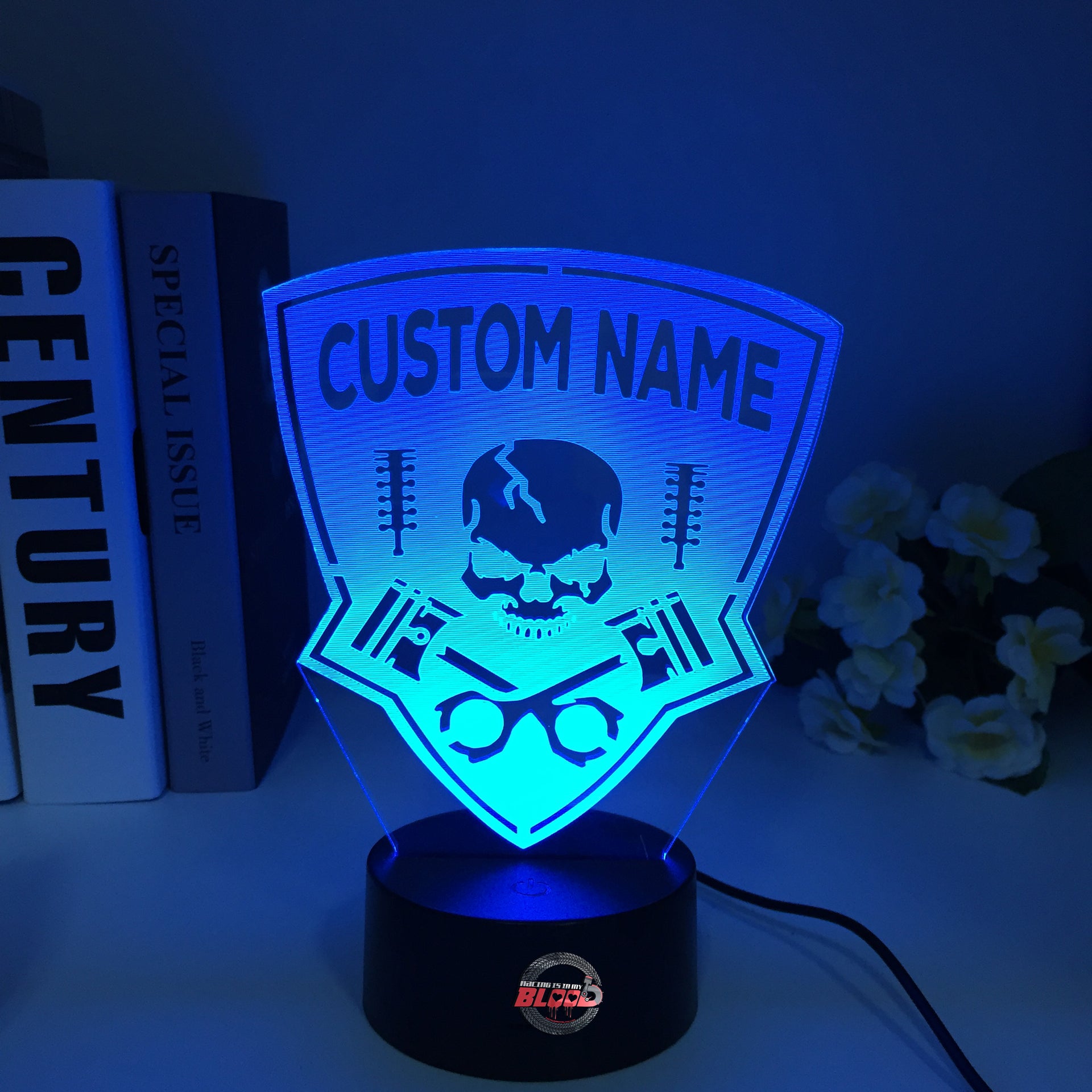 Personalized Drag Racing 3D LED Illusion Lamp featuring a custom name and racing number laser-etched alongside a dragster silhouette, glowing in a vibrant green on a black base.