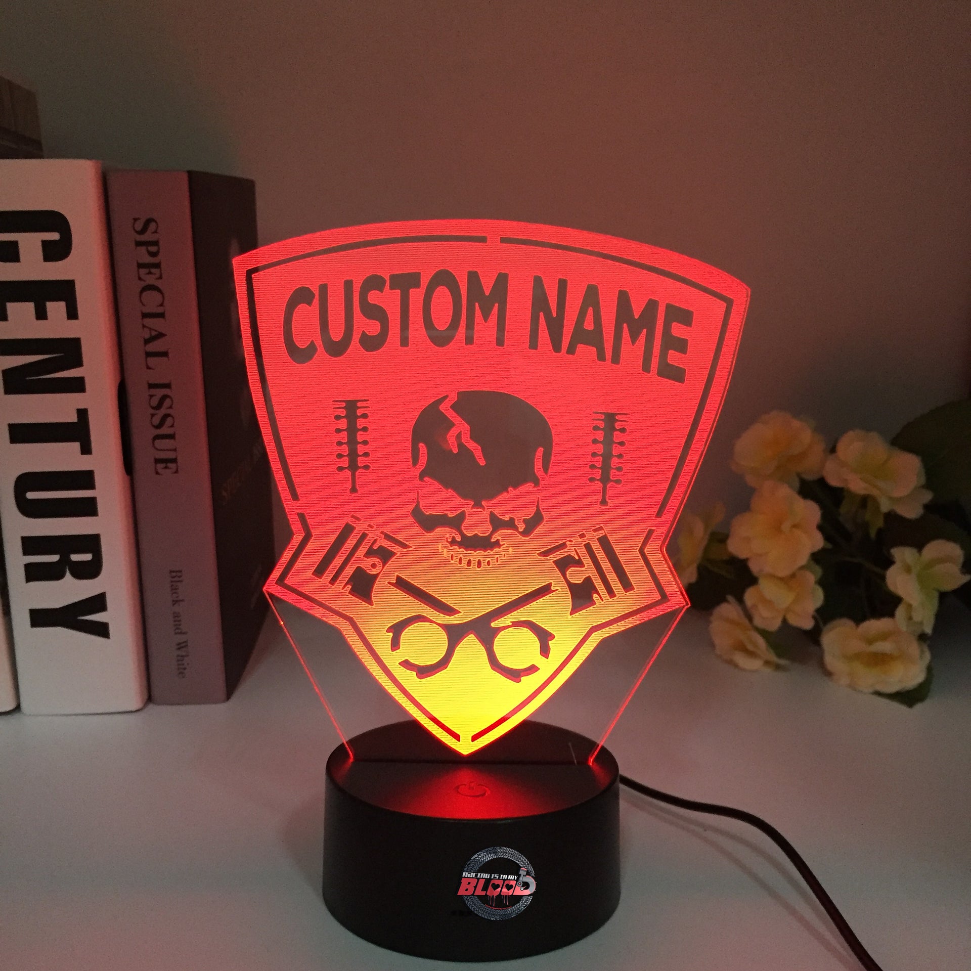 Personalized Drag Racing 3D LED Illusion Lamp featuring a custom name and racing number laser-etched alongside a dragster silhouette, glowing in a vibrant green on a black base.