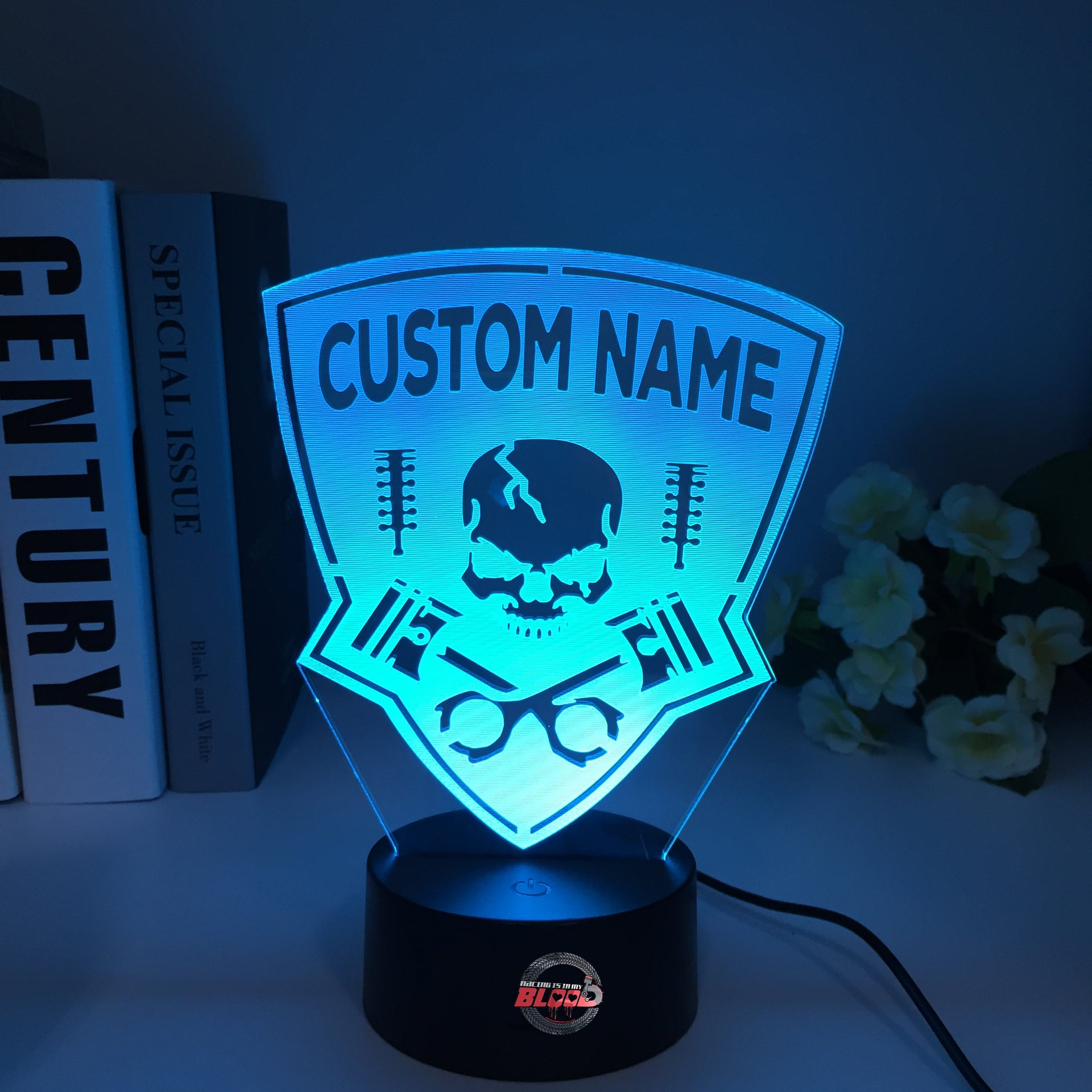 Personalized Drag Racing 3D LED Illusion Lamp featuring a custom name and racing number laser-etched alongside a dragster silhouette, glowing in a vibrant green on a black base.