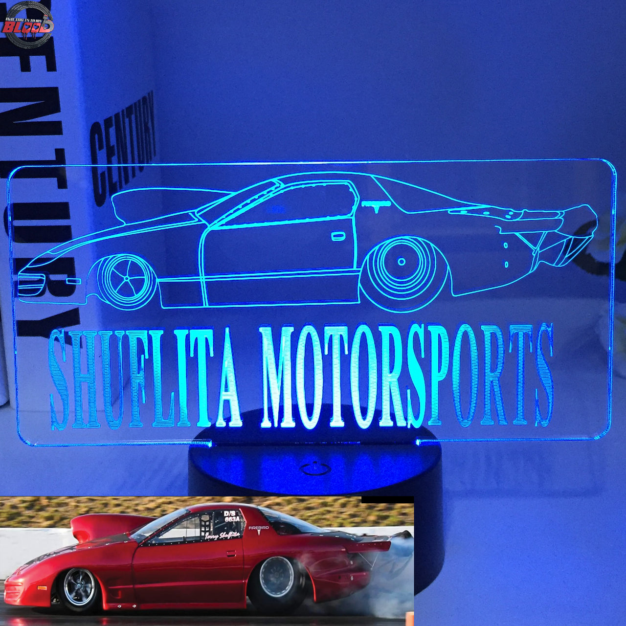 Personalized Drag Racing 3D LED Illusion Lamp featuring a custom name laser-etched alongside a dragster silhouette, glowing in a vibrant green on a black base.