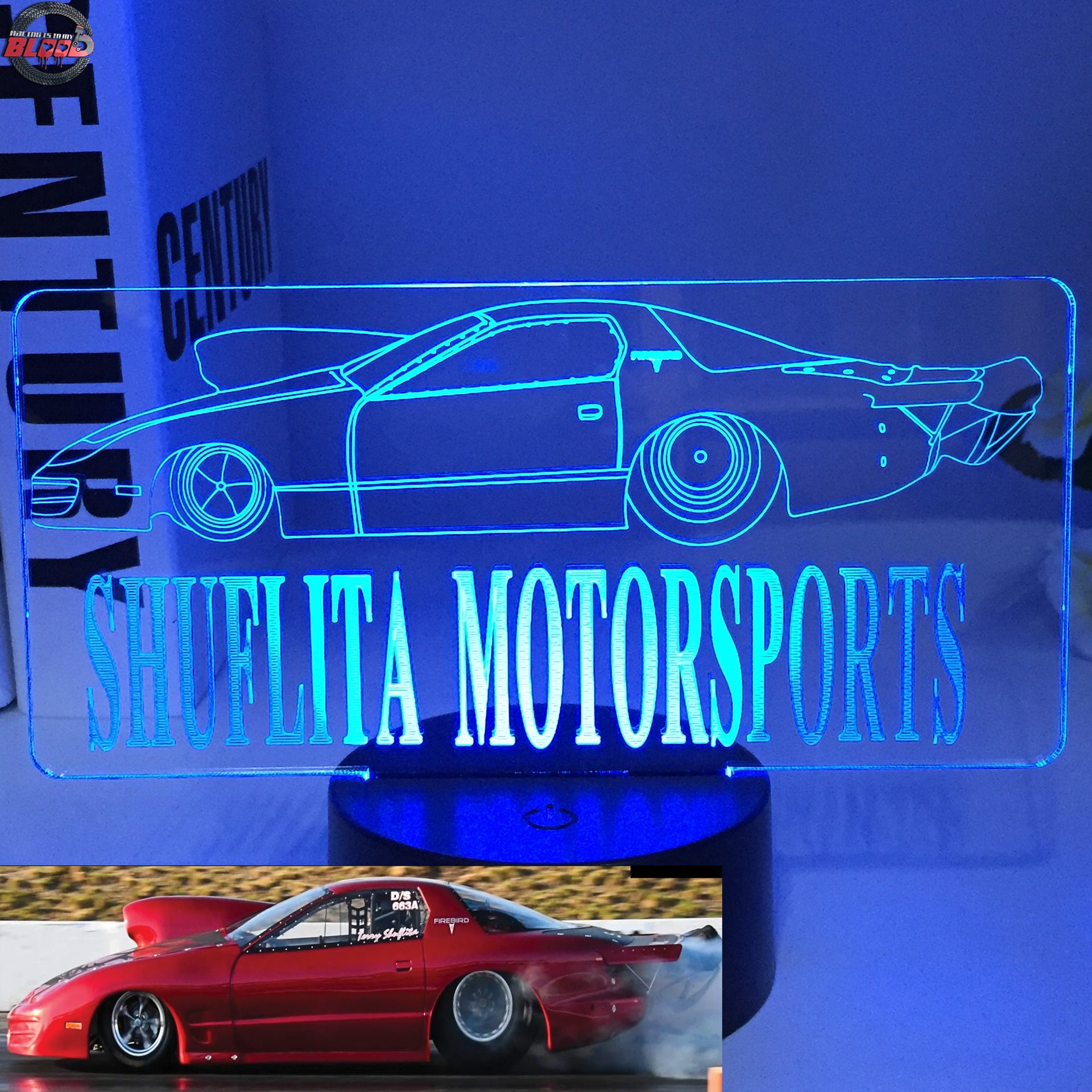 Personalized Drag Racing 3D LED Illusion Lamp featuring a custom name laser-etched alongside a dragster silhouette, glowing in a vibrant green on a black base.