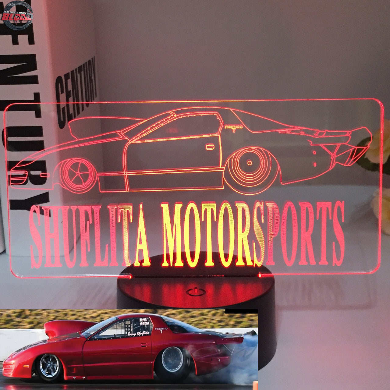 Personalized Drag Racing 3D LED Illusion Lamp featuring a custom name laser-etched alongside a dragster silhouette, glowing in a vibrant green on a black base.