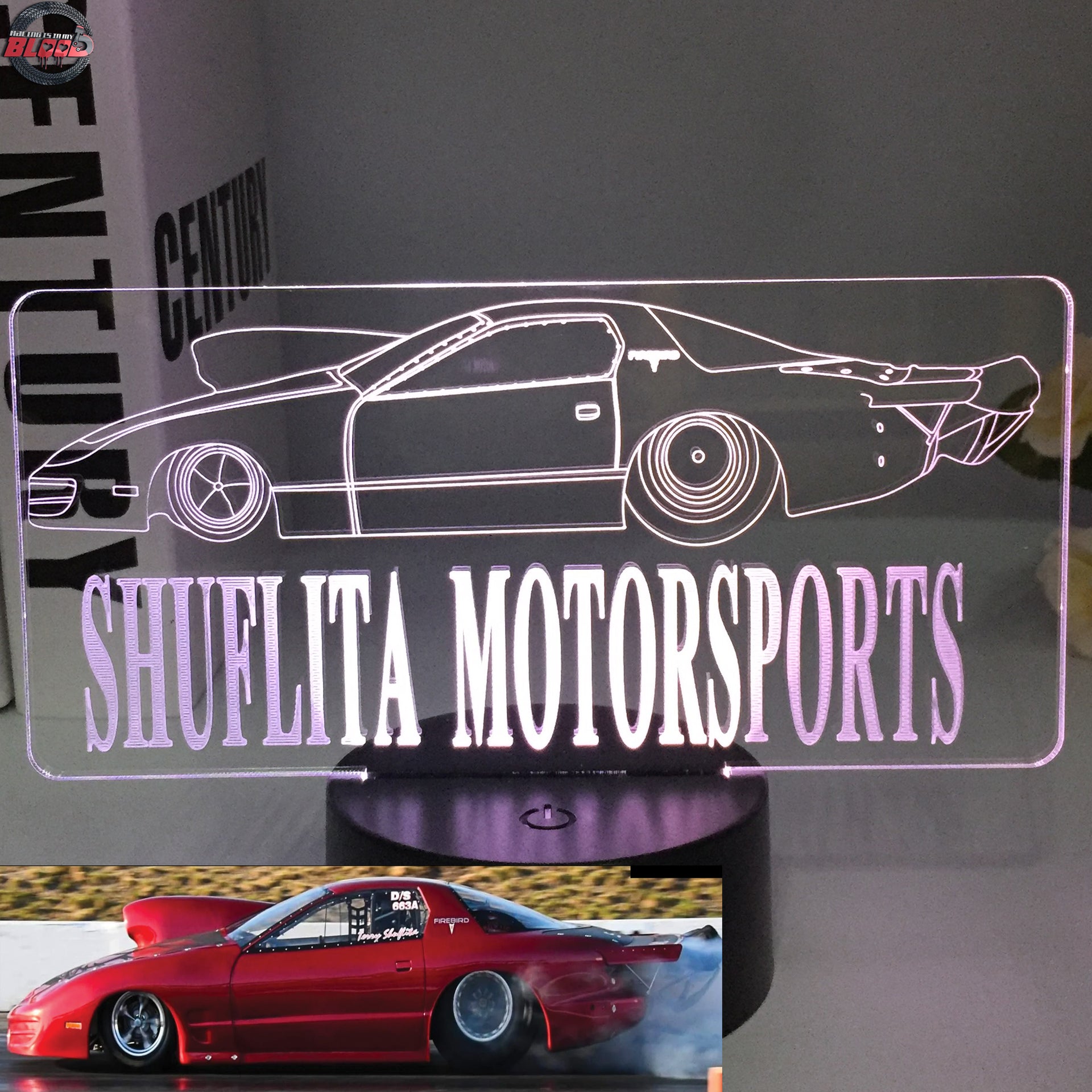 Personalized Drag Racing 3D LED Illusion Lamp featuring a custom name laser-etched alongside a dragster silhouette, glowing in a vibrant green on a black base.