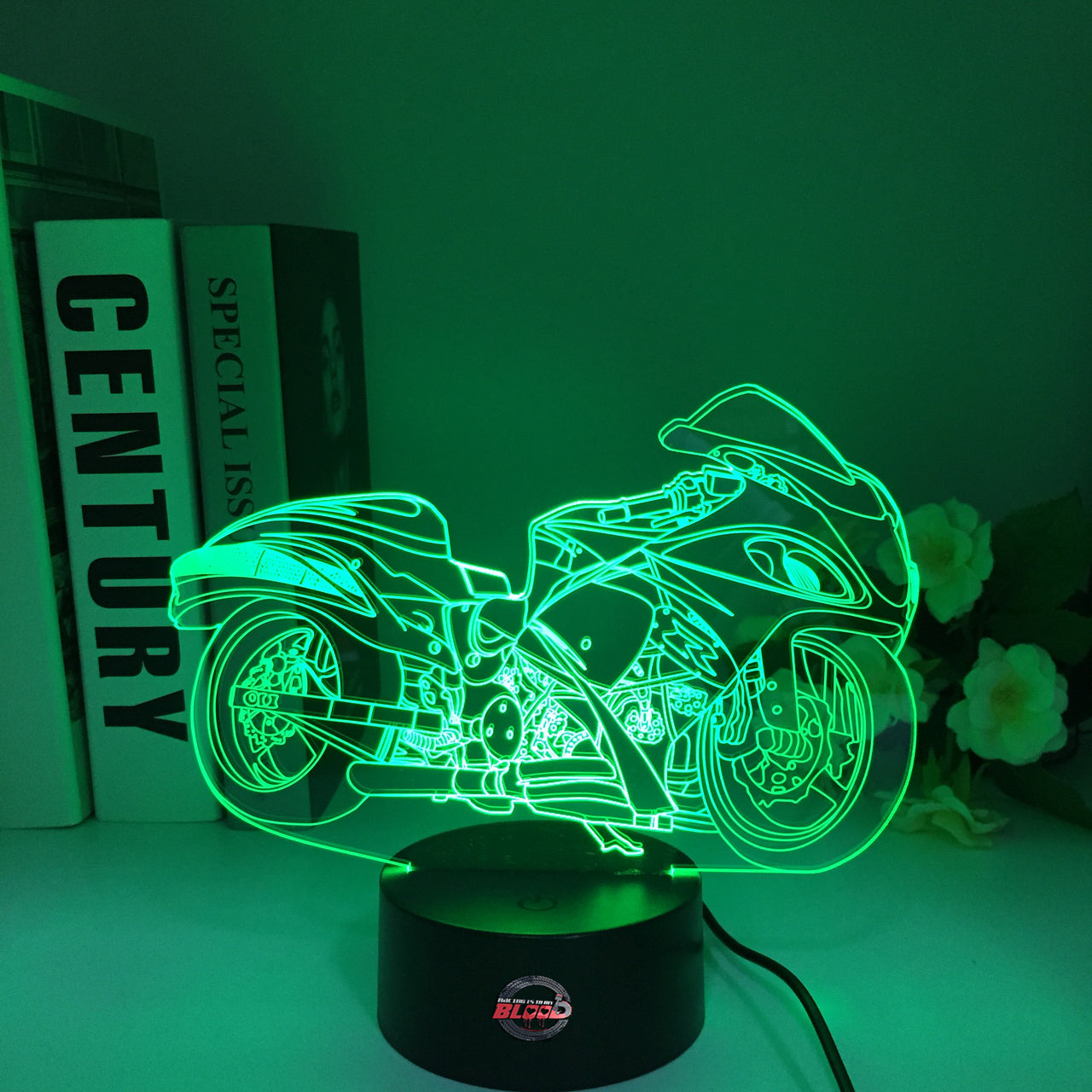 Personalized Drag Racing Bike LED Lamp featuring a custom name and racing number on a glowing motorcycle silhouette, shown in a vibrant blue on a black base.