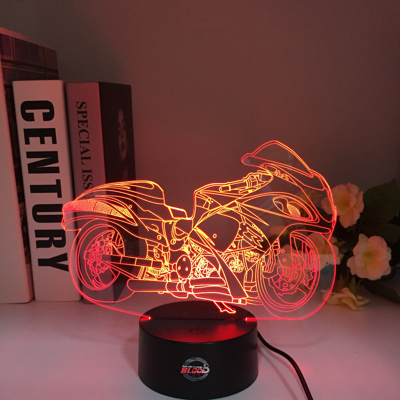 Personalized Drag Racing Bike LED Lamp featuring a custom name and racing number on a glowing motorcycle silhouette, shown in a vibrant blue on a black base.