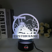 Personalized Dragster 3D LED Illusion Lamp featuring a custom name and racing number alongside a sleek dragster silhouette, glowing in a vibrant electric blue on a black base.