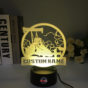 Personalized Dragster 3D LED Illusion Lamp featuring a custom name and racing number alongside a sleek dragster silhouette, glowing in a vibrant electric blue on a black base.