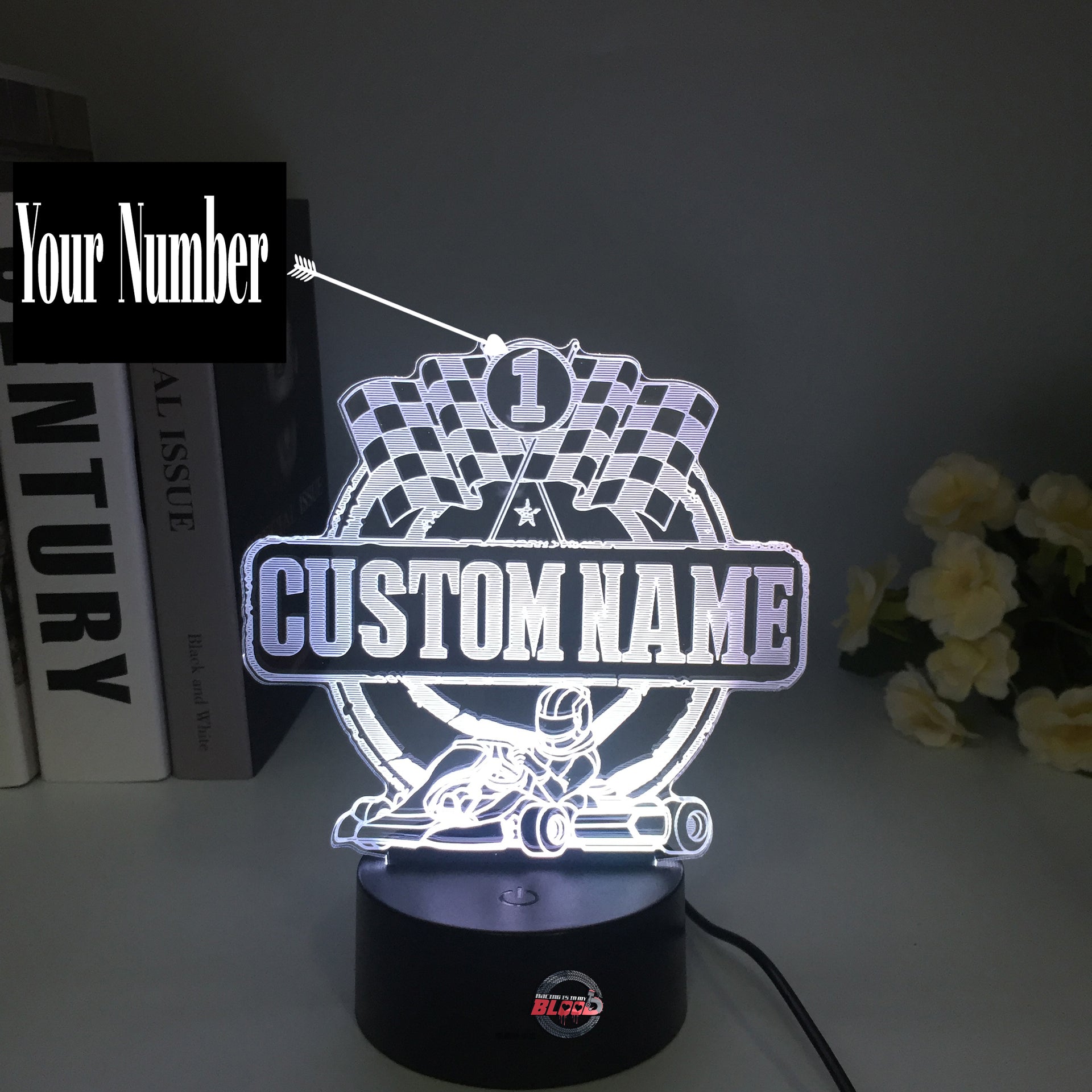Personalized Go Kart Racing 3D LED Illusion Lamp featuring a custom name and racing number alongside a racing kart silhouette, glowing in a vibrant lime green on a black base.