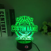 Personalized Go Kart Racing 3D LED Illusion Lamp featuring a custom name and racing number alongside a racing kart silhouette, glowing in a vibrant lime green on a black base.