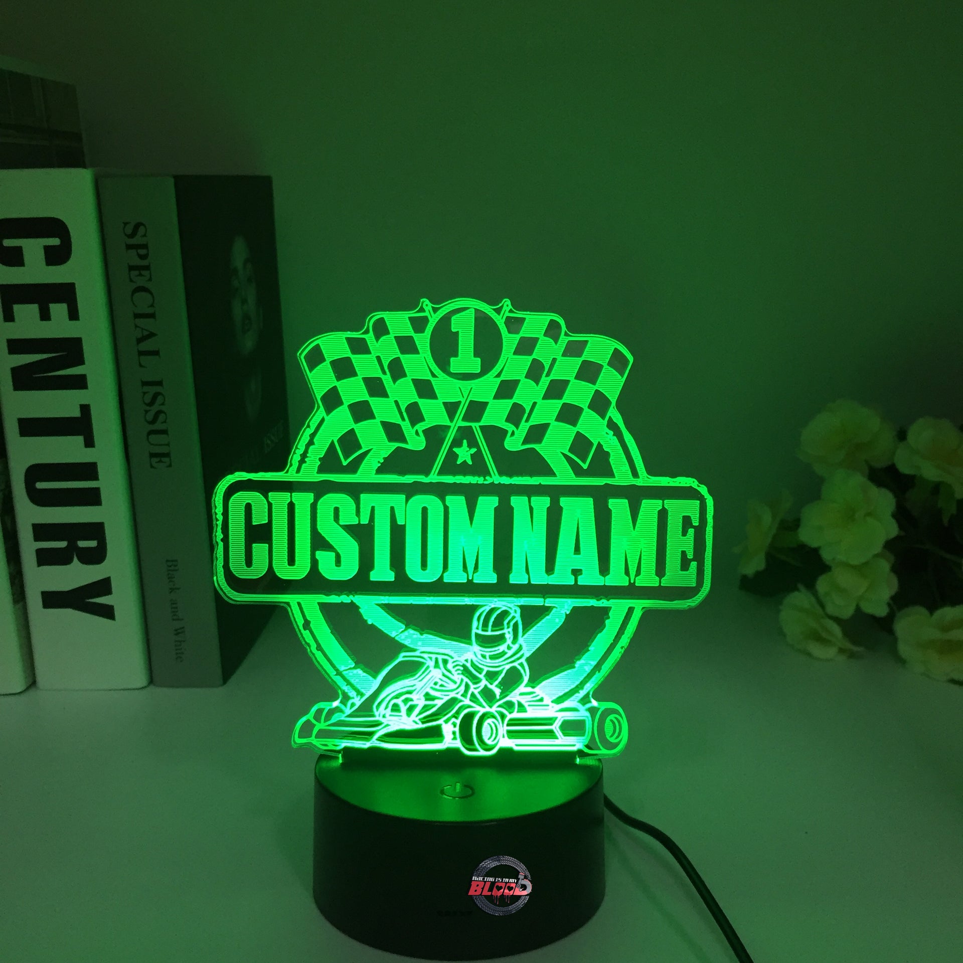 Personalized Go Kart Racing 3D LED Illusion Lamp featuring a custom name and racing number alongside a racing kart silhouette, glowing in a vibrant lime green on a black base.